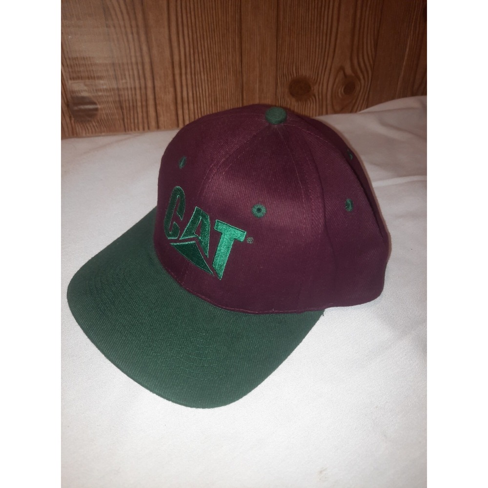 Vintage CAT Caterpillar Brushed Cotton Snapback Trucker Hat Cap Maroon/Green